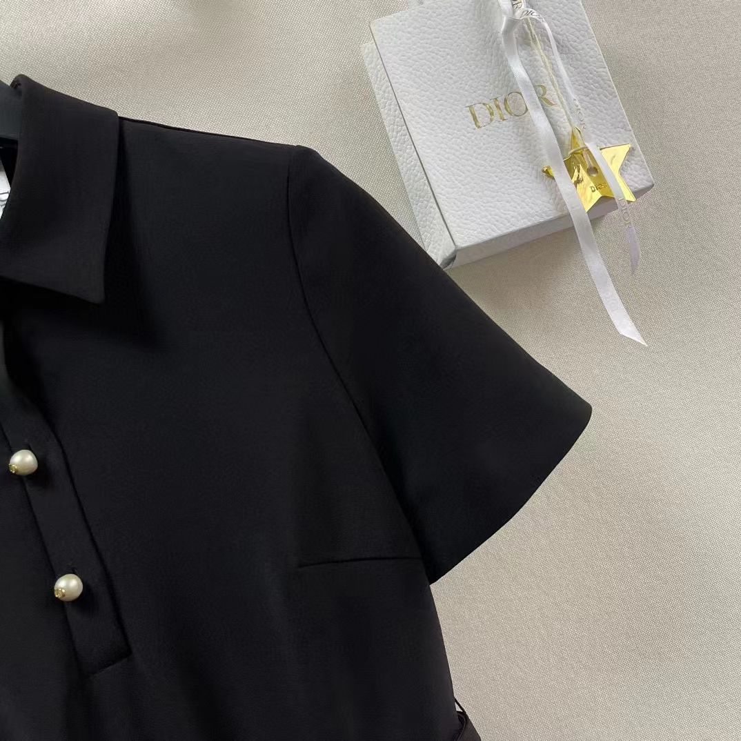 Dior Women CD Short Belted Shirt Dress Black Wool Silk