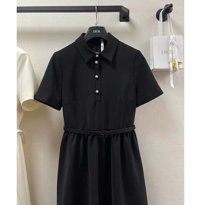 Dior Women CD Short Belted Shirt Dress Black Wool Silk