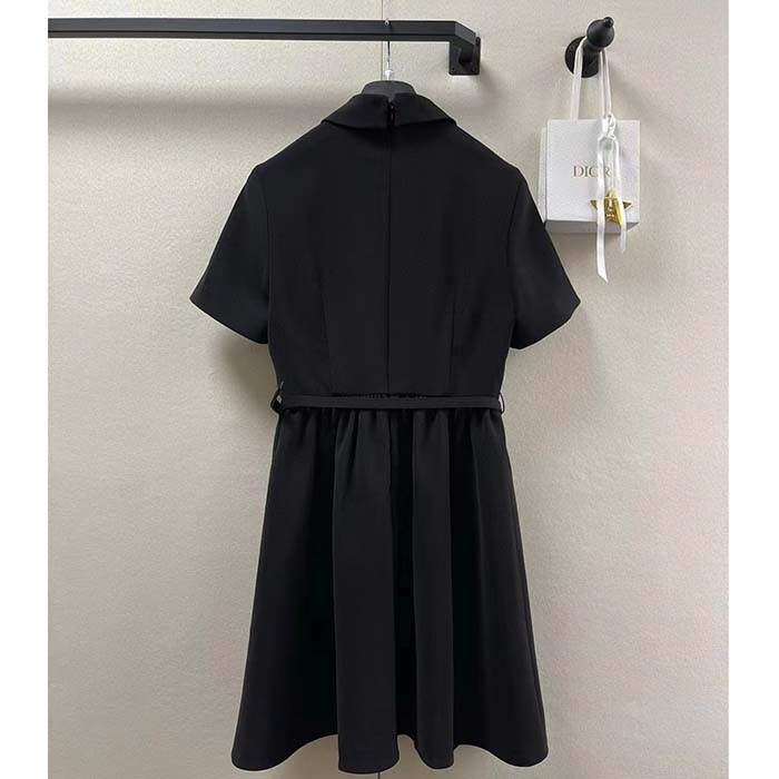 Dior Women CD Short Belted Shirt Dress Black Wool Silk