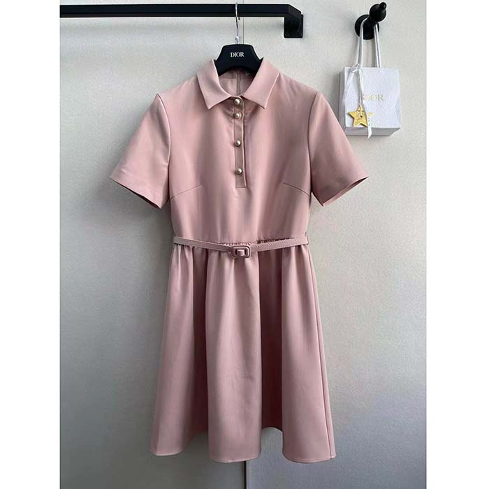 Dior Women CD Short Belted Shirt Dress Pink Wool Silk