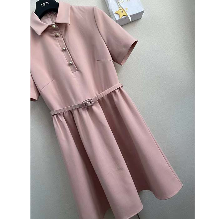 Dior Women CD Short Belted Shirt Dress Pink Wool Silk