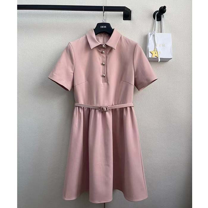 Dior Women CD Short Belted Shirt Dress Pink Wool Silk
