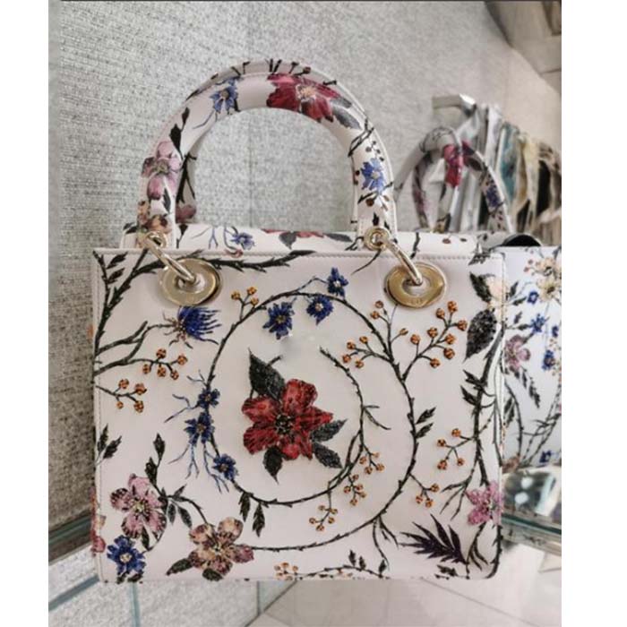 Dior Women CD Small Lady Dior Bag White Multicolor Calfskin Chinese Rose Print Embroidery