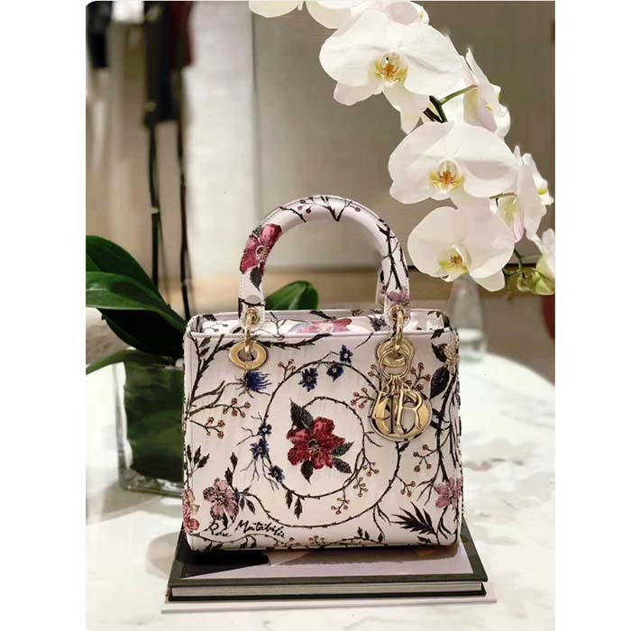 Dior Women CD Small Lady Dior Bag White Multicolor Calfskin Chinese Rose Print Embroidery