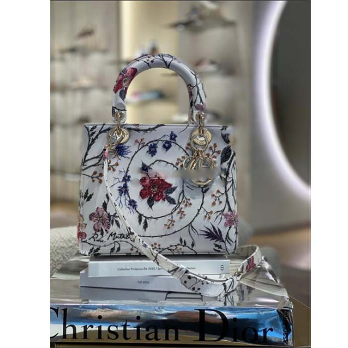 Dior Women CD Small Lady Dior Bag White Multicolor Calfskin Chinese Rose Print Embroidery