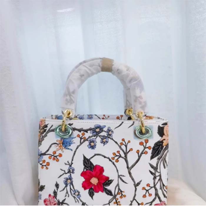Dior Women CD Small Lady Dior Bag White Multicolor Calfskin Chinese Rose Print Embroidery