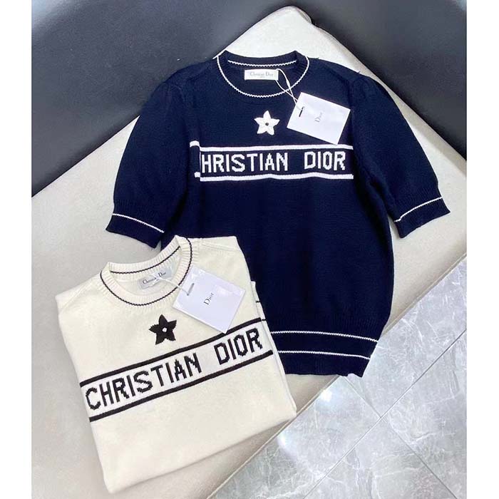 Dior Women Christian Dior Short-Sleeved Sweater Ecru Cashmere Wool Knit