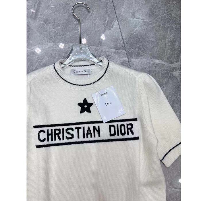 Dior Women Christian Dior Short-Sleeved Sweater Ecru Cashmere Wool Knit