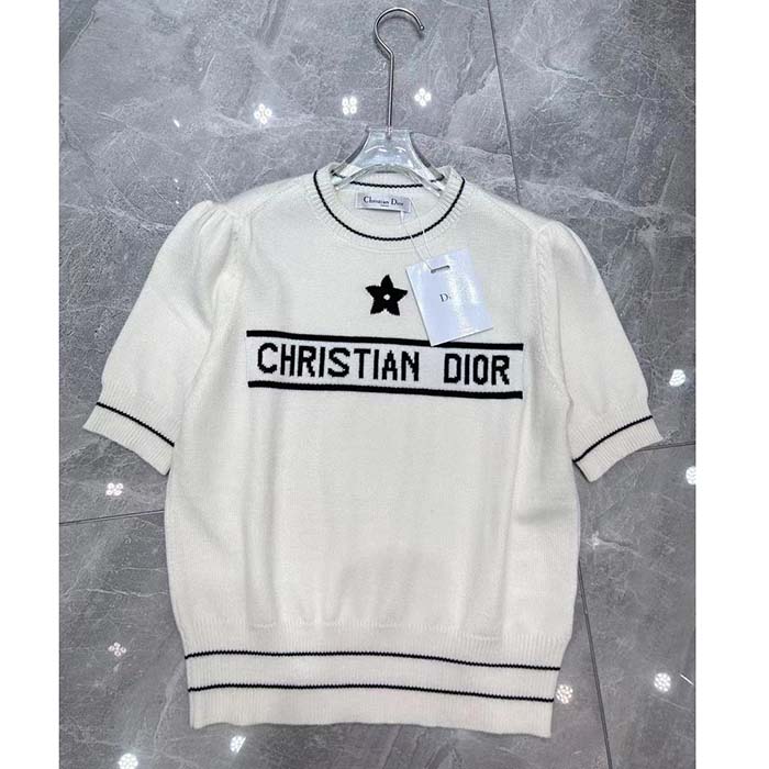 Dior Women Christian Dior Short-Sleeved Sweater Ecru Cashmere Wool Knit