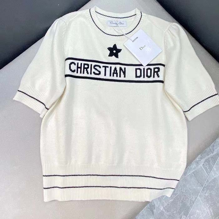 Dior Women Christian Dior Short-Sleeved Sweater Ecru Cashmere Wool Knit