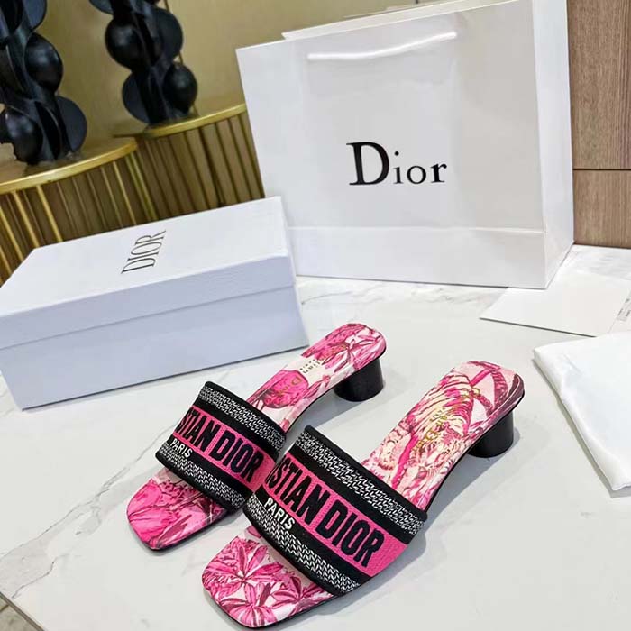 Dior Women Dway Heeled Slide Rani Pink Multicolor Embroidered Cotton Toile De Jouy Voyage Motif Reference: KCQ902VOY_S66P