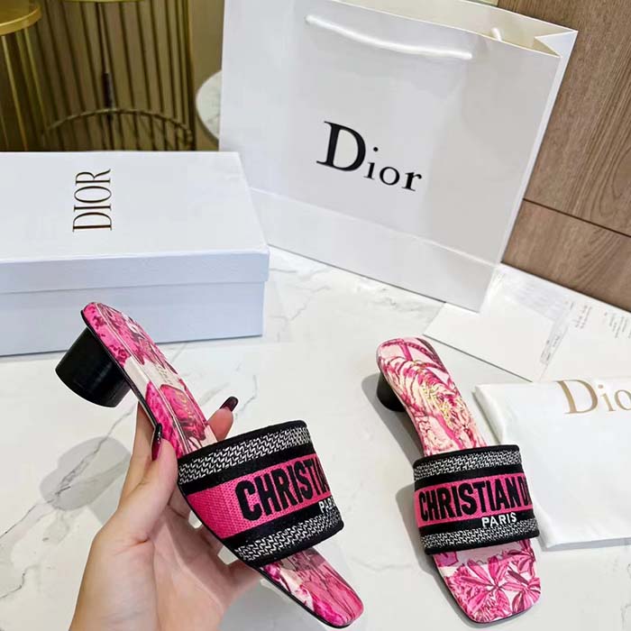 Dior Women Dway Heeled Slide Rani Pink Multicolor Embroidered Cotton Toile De Jouy Voyage Motif Reference: KCQ902VOY_S66P
