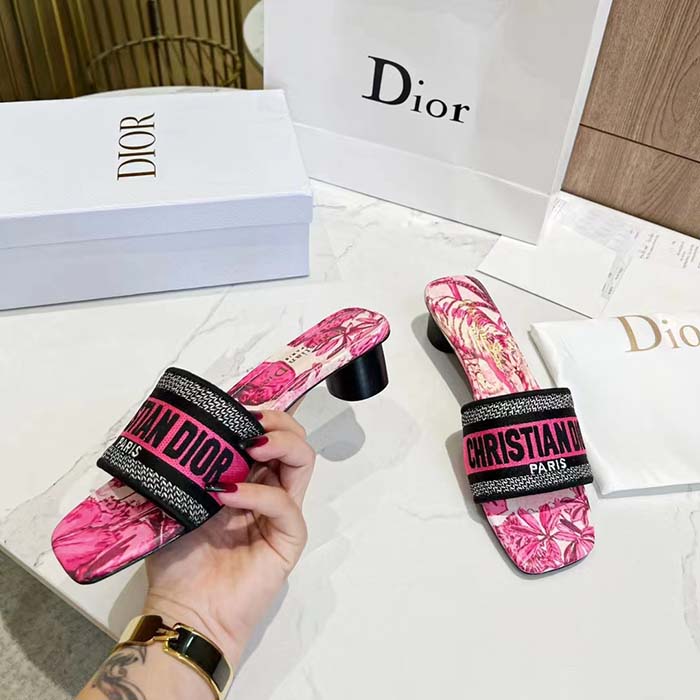 Dior Women Dway Heeled Slide Rani Pink Multicolor Embroidered Cotton Toile De Jouy Voyage Motif Reference: KCQ902VOY_S66P