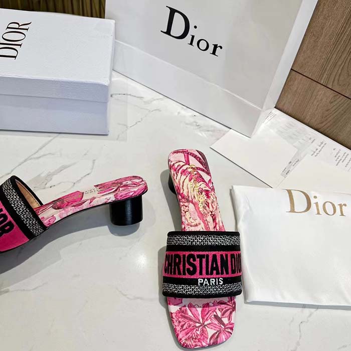 Dior Women Dway Heeled Slide Rani Pink Multicolor Embroidered Cotton Toile De Jouy Voyage Motif Reference: KCQ902VOY_S66P