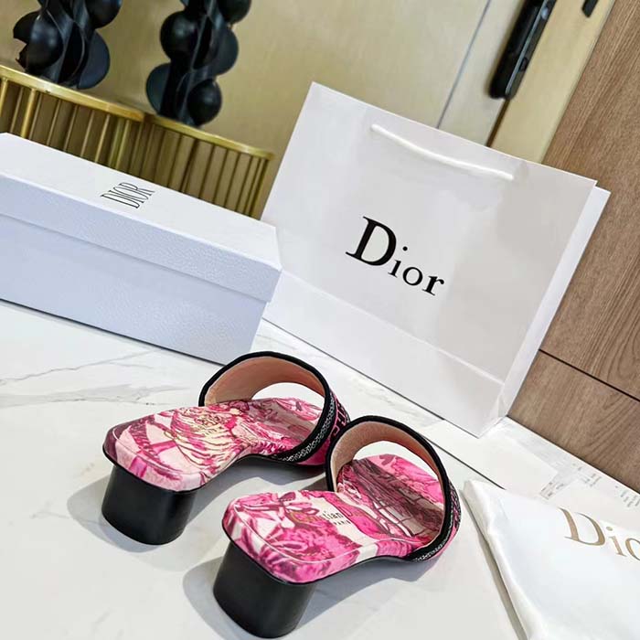 Dior Women Dway Heeled Slide Rani Pink Multicolor Embroidered Cotton Toile De Jouy Voyage Motif Reference: KCQ902VOY_S66P