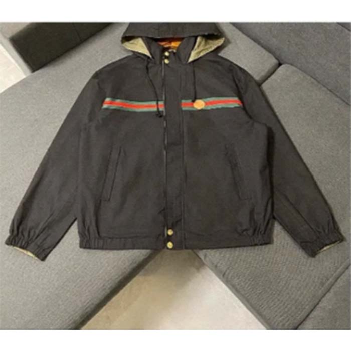 Gucci GG Men Cotton Jersey Sweatshirt Web Black Hooded Fixed Hood Drawstring Jacket