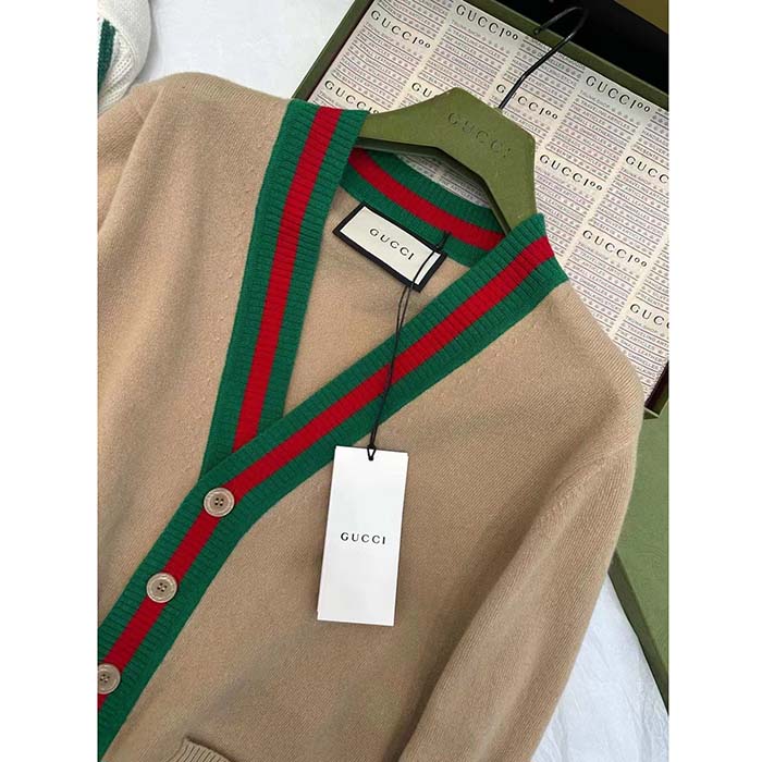 Gucci Women GG Knit Wool Cardigan Web V-Neck Long Sleeves