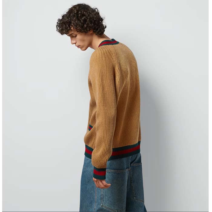 Gucci Men GG Knit Wool Cardigan Web V-Neck Long Sleeves