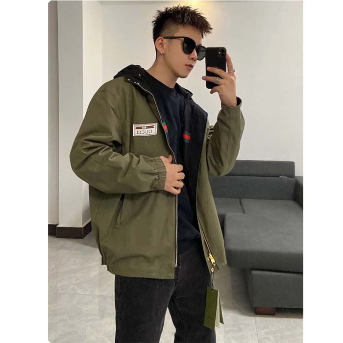Gucci Men GG Lightweight Canvas Jacket Olive Green Nylon Interlocking G