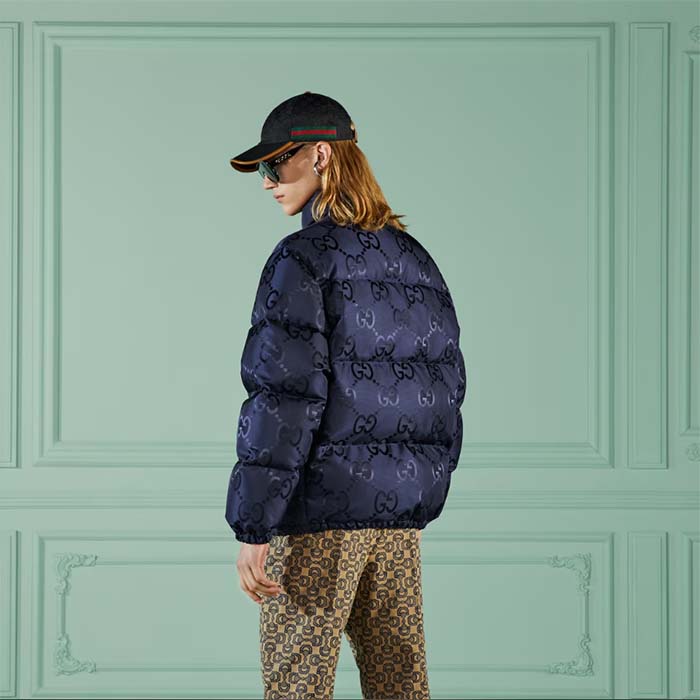 Gucci Men Jumbo GG Canvas Down Jacket Blue Nylon Front Zip Pockets