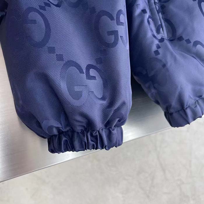 Gucci Men Jumbo GG Canvas Down Jacket Blue Nylon Front Zip Pockets