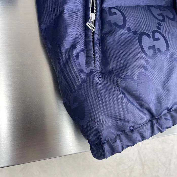 Gucci Men Jumbo GG Canvas Down Jacket Blue Nylon Front Zip Pockets