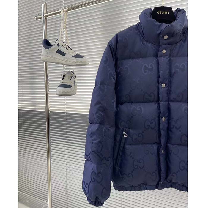 Gucci Men Jumbo GG Canvas Down Jacket Blue Nylon Front Zip Pockets
