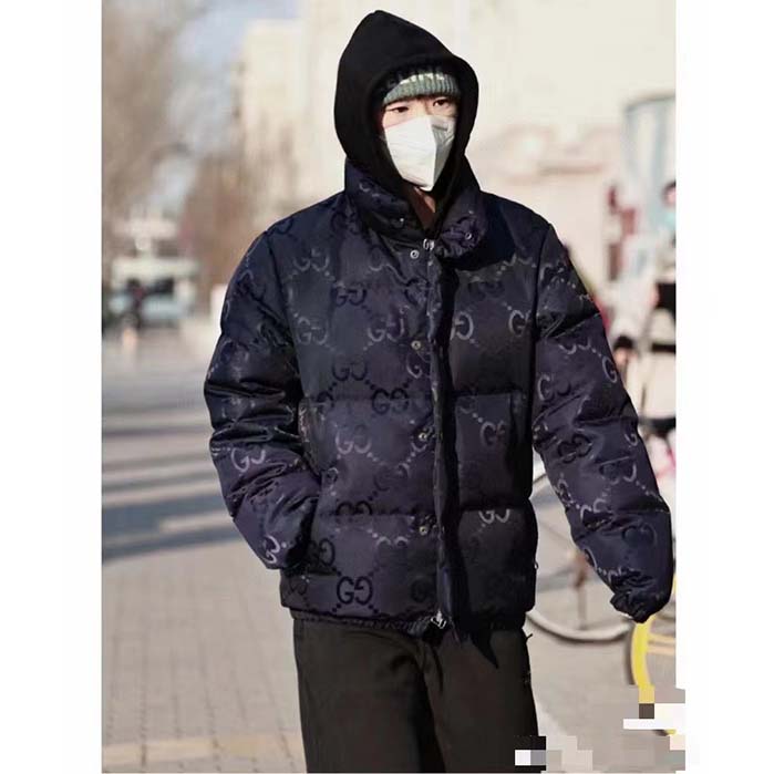 Gucci Men Jumbo GG Canvas Down Jacket Blue Nylon Front Zip Pockets