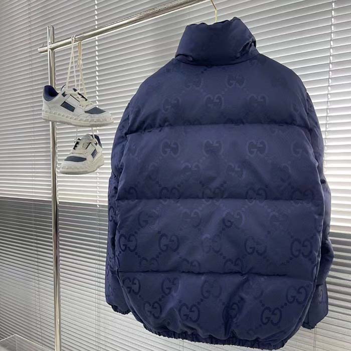 Gucci Men Jumbo GG Canvas Down Jacket Blue Nylon Front Zip Pockets