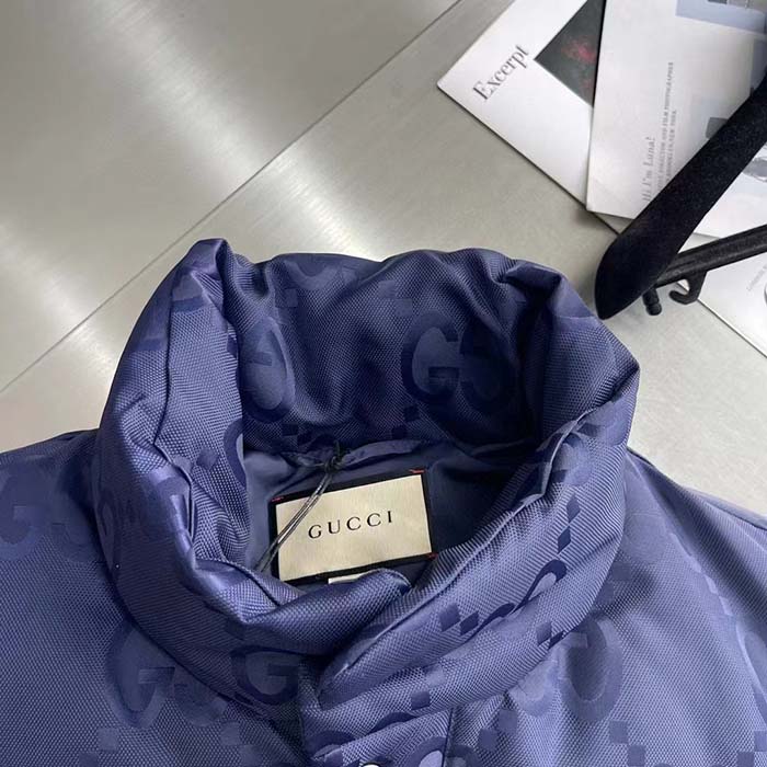 Gucci Men Jumbo GG Canvas Down Jacket Blue Nylon Front Zip Pockets