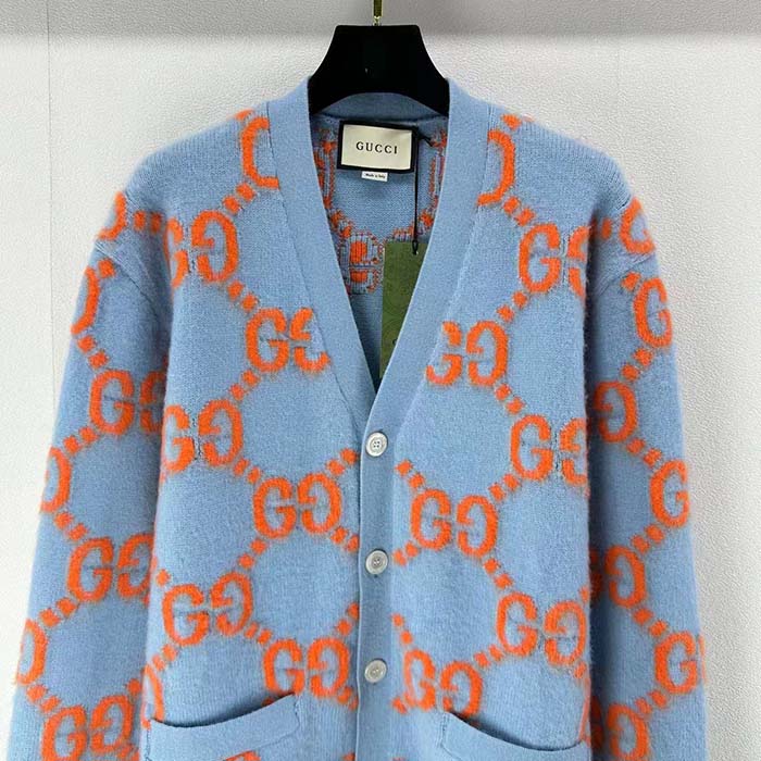 Gucci Men Wool Cardigan GG Intarsia Blue V-Neck Long Sleeves