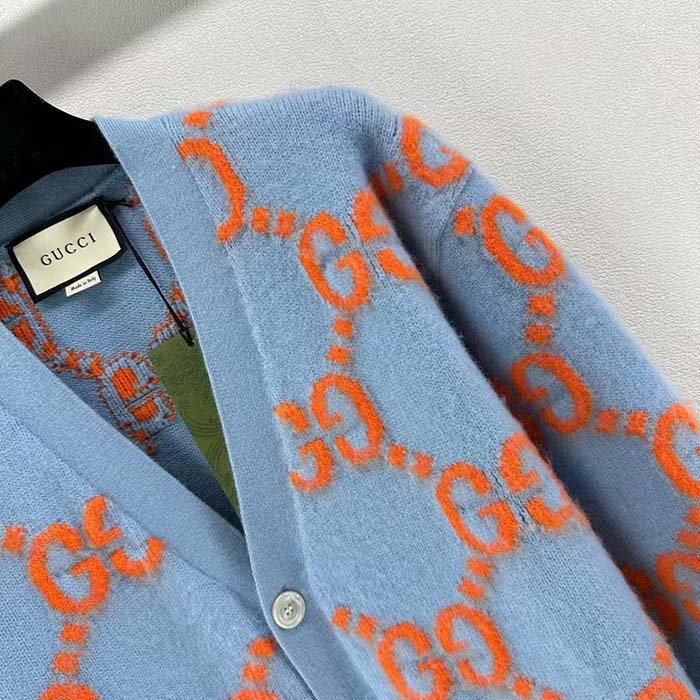 Gucci Men Wool Cardigan GG Intarsia Blue V-Neck Long Sleeves