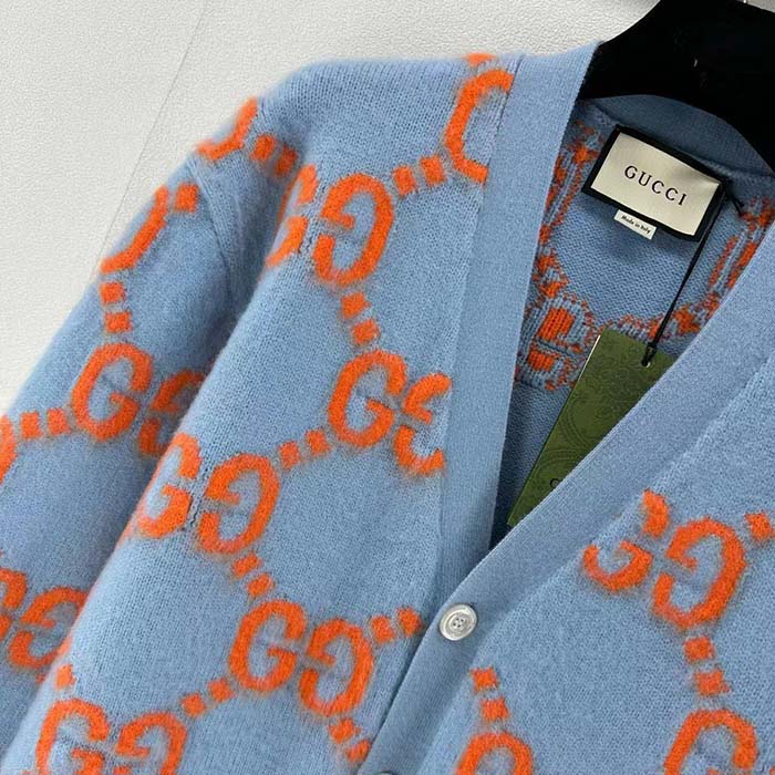 Gucci Men Wool Cardigan GG Intarsia Blue V-Neck Long Sleeves