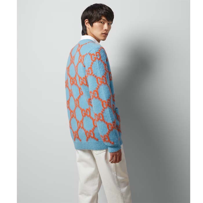 Gucci Men Wool Cardigan GG Intarsia Blue V-Neck Long Sleeves