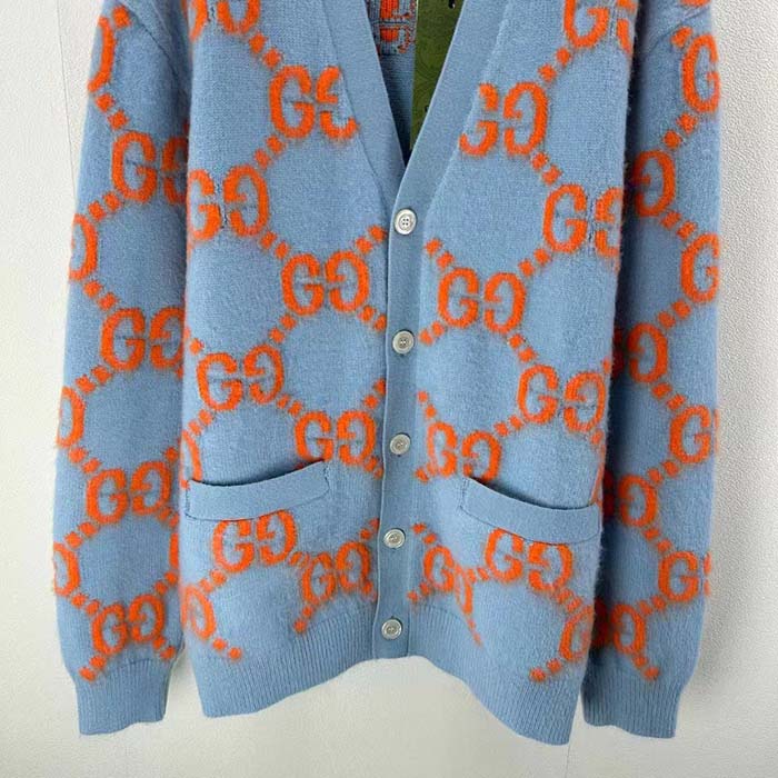 Gucci Men Wool Cardigan GG Intarsia Blue V-Neck Long Sleeves