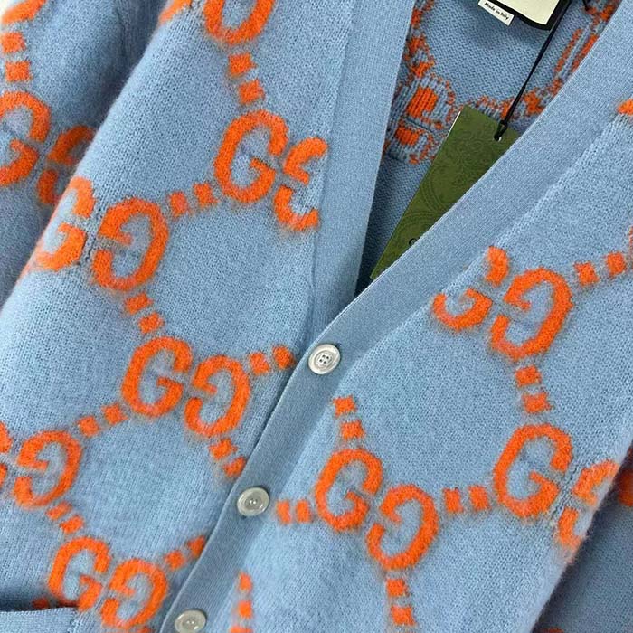 Gucci Men Wool Cardigan GG Intarsia Blue V-Neck Long Sleeves