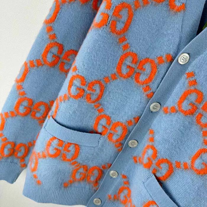 Gucci Men Wool Cardigan GG Intarsia Blue V-Neck Long Sleeves