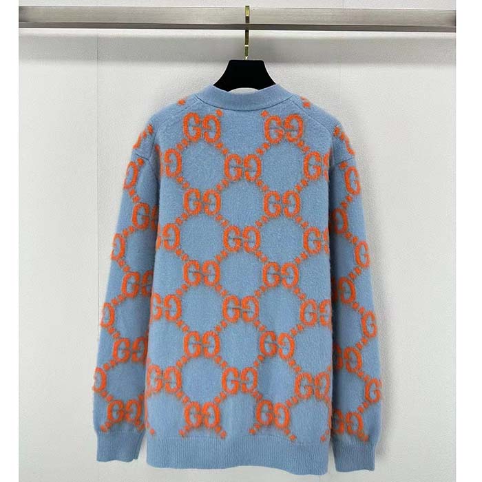 Gucci Men Wool Cardigan GG Intarsia Blue V-Neck Long Sleeves