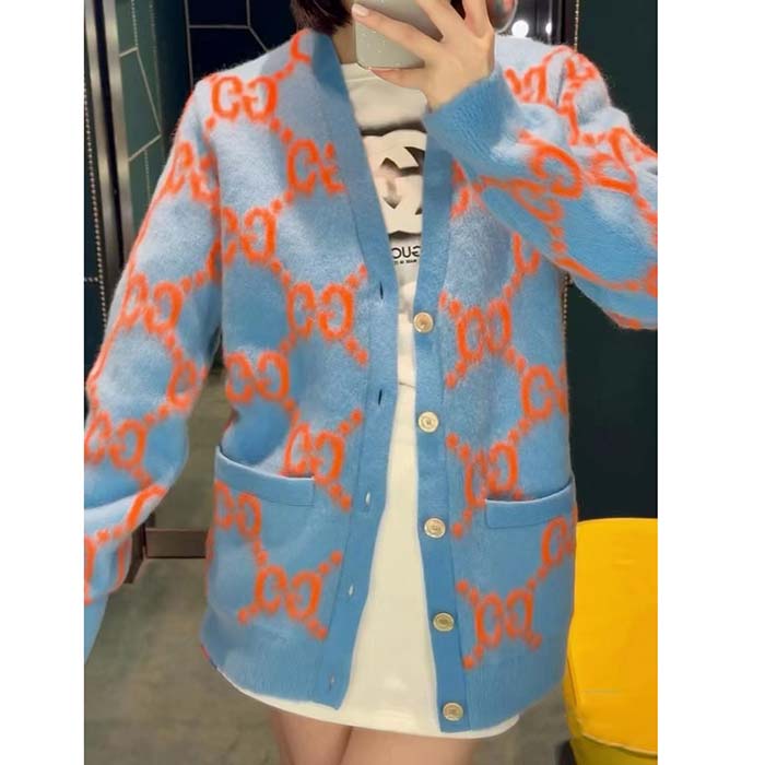 Gucci Women Wool Cardigan GG Intarsia Blue V-Neck Long Sleeves