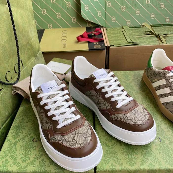 Gucci Unisex GG Sneaker Brown Leather Rubber Sole Mid-Heel