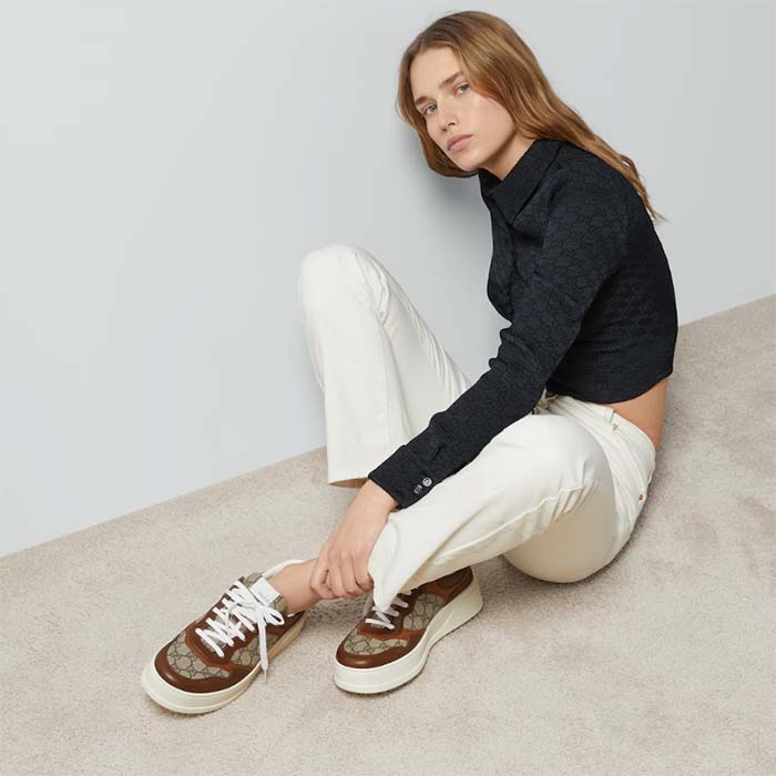 Gucci Unisex GG Sneaker Brown Leather Rubber Sole Mid-Heel