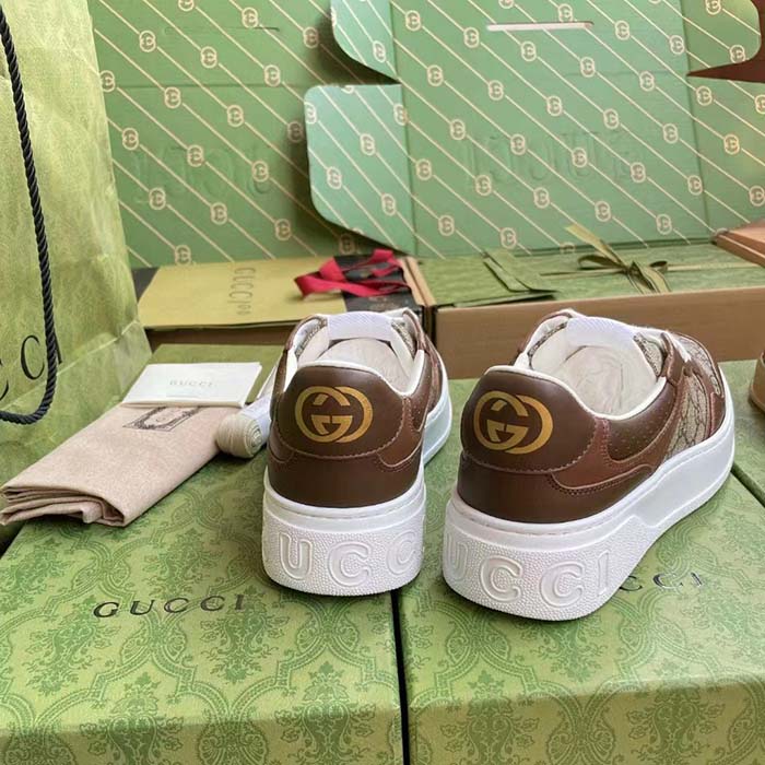 Gucci Unisex GG Sneaker Brown Leather Rubber Sole Mid-Heel