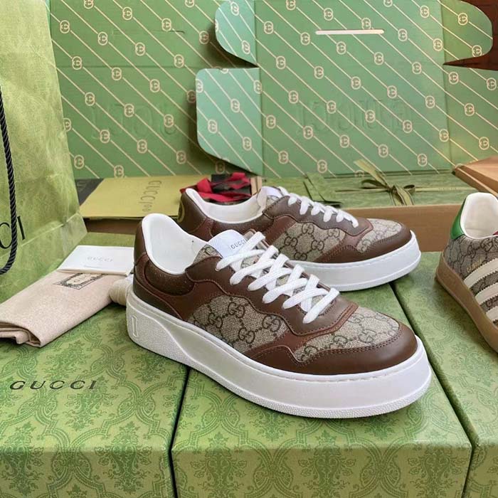 Gucci Unisex GG Sneaker Brown Leather Rubber Sole Mid-Heel