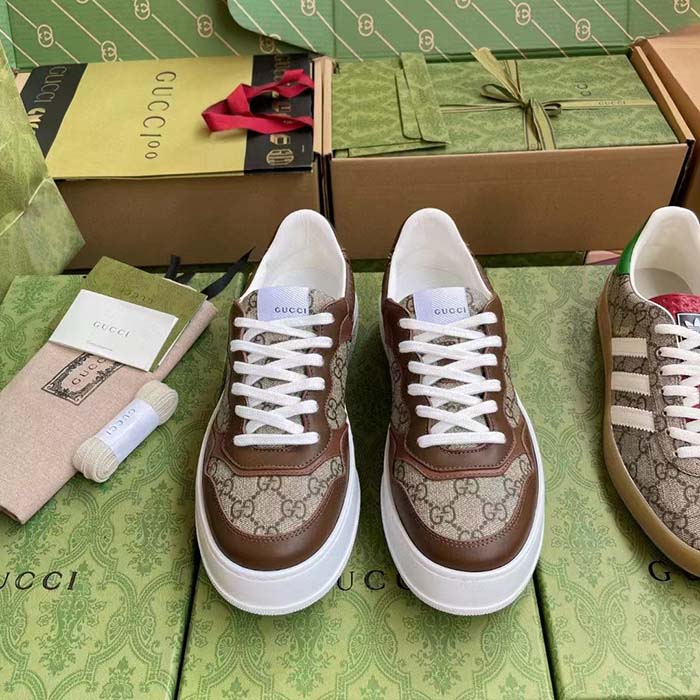 Gucci Unisex GG Sneaker Brown Leather Rubber Sole Mid-Heel