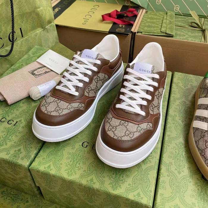 Gucci Unisex GG Sneaker Brown Leather Rubber Sole Mid-Heel