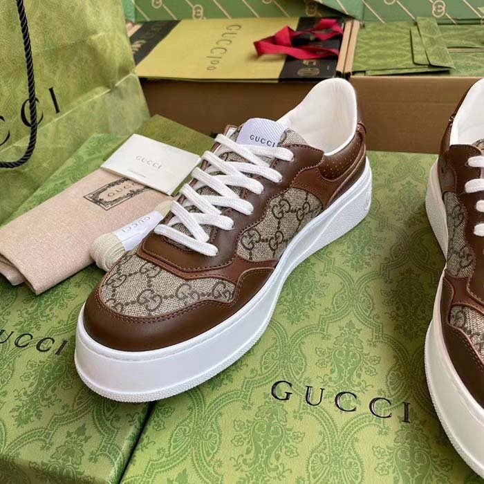 Gucci Unisex GG Sneaker Brown Leather Rubber Sole Mid-Heel