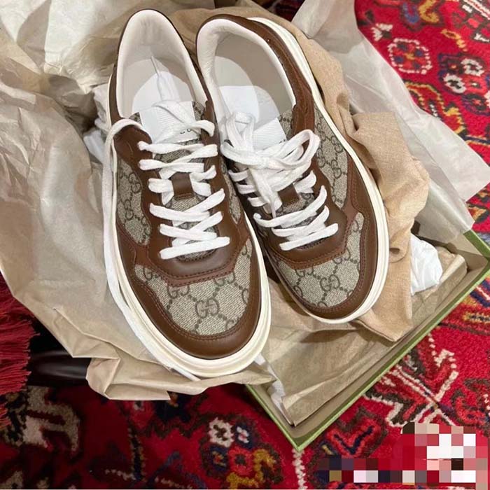 Gucci Unisex GG Sneaker Brown Leather Rubber Sole Mid-Heel
