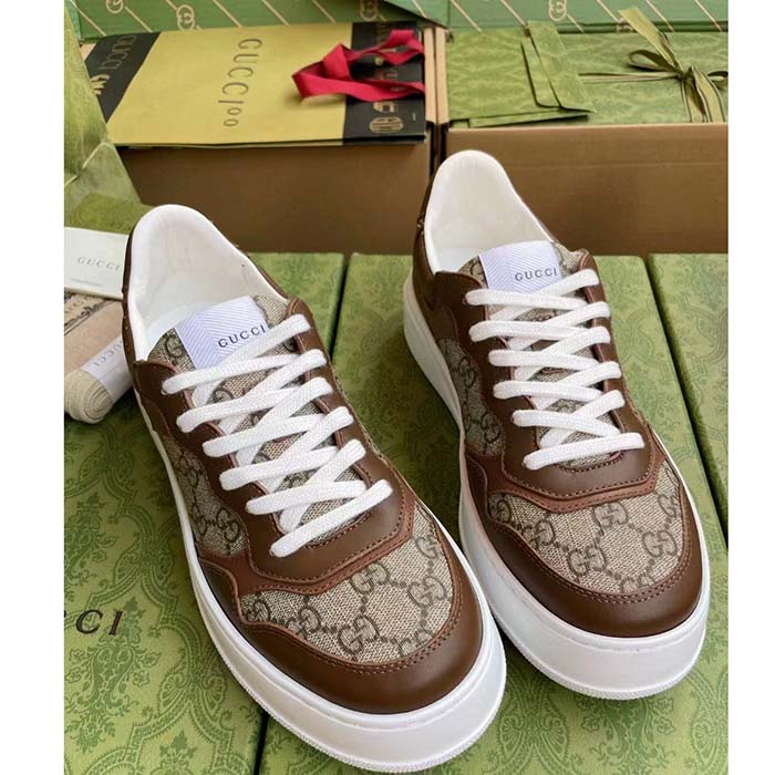 Gucci Unisex GG Sneaker Brown Leather Rubber Sole Mid-Heel