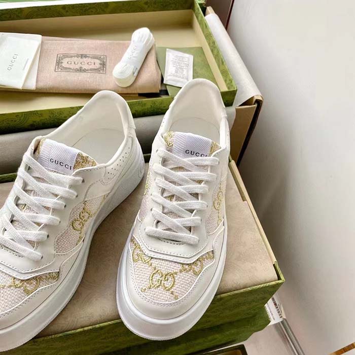 Gucci Unisex GG Sneaker White Leather Lace-Up Mid-Heel