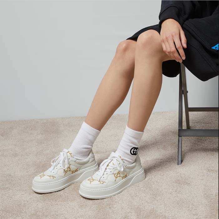 Gucci Unisex GG Sneaker White Leather Lace-Up Mid-Heel
